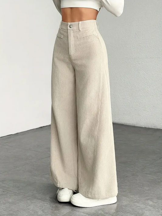 Pantaloni da Donna in Velluto a Coste a Vita Alta e Gamba Larga