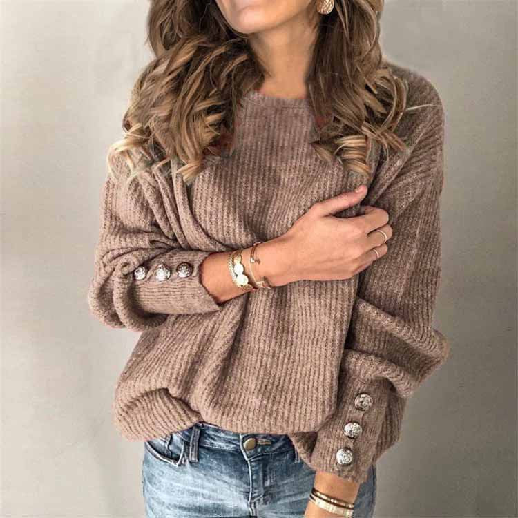 Maglione da Donna a Maniche Lunghe con Dettagli di Bottoni sulle Maniche