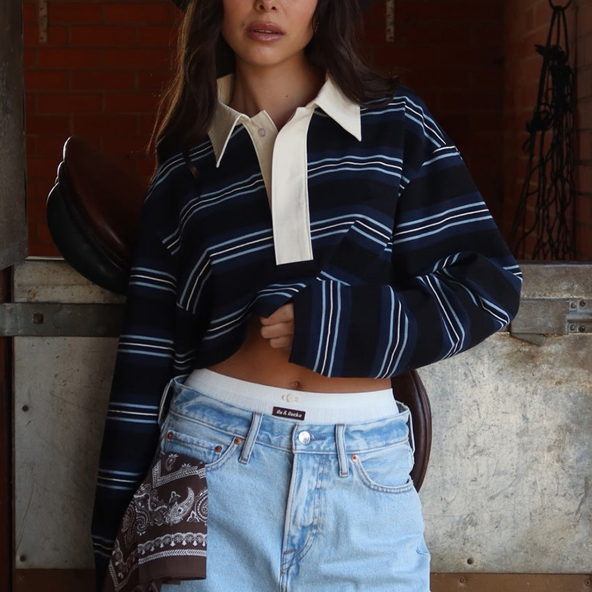 Langærmet dame-top med polokrave og stribet mønster