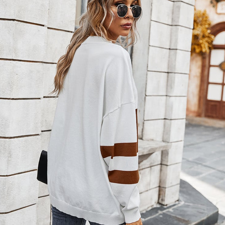 Maglione Pullover da Donna con Cuciture a Blocchi di Colore, Scollo Rotondo e Maniche Lunghe