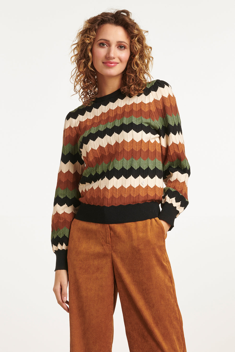 Dame Striktrøje med Retro Grafisk Mønster og Løs Pasform