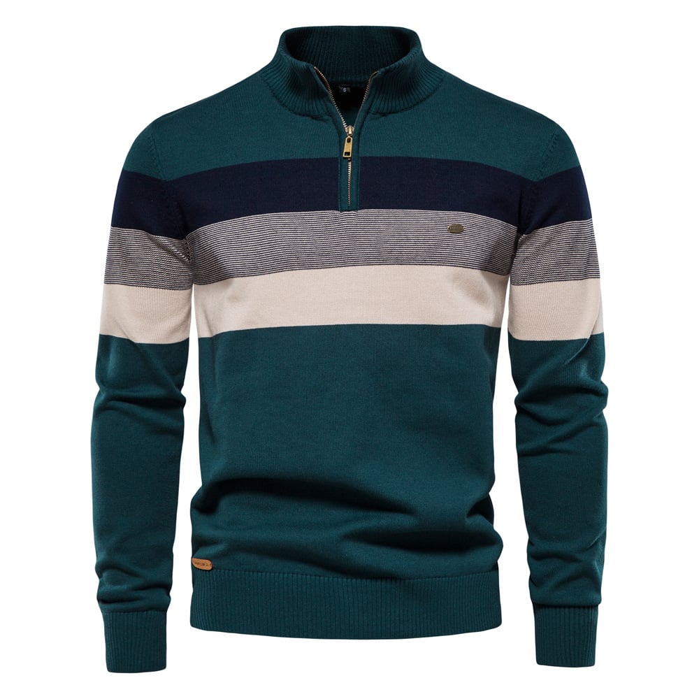 Maglione uomo a righe orizzontali blu, grigio e beige, con zip corta e colletto alto. Design casual elegante, ideale per l'autunno e l'inverno.
