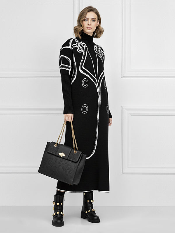 Abito Maglione Midi da Donna Autunnale con Mezza Alta Collare e Stampa