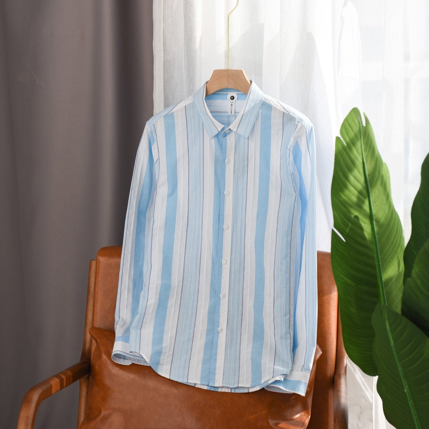 Men's Long Sleeve Shirt with Square Collar, Striped Pattern and Button Details