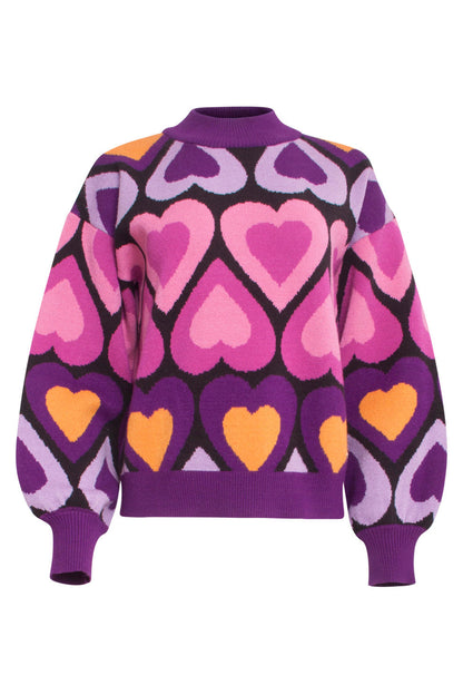 Camisa de mujer oversize con estampado de corazones y cuello alto acanalado
