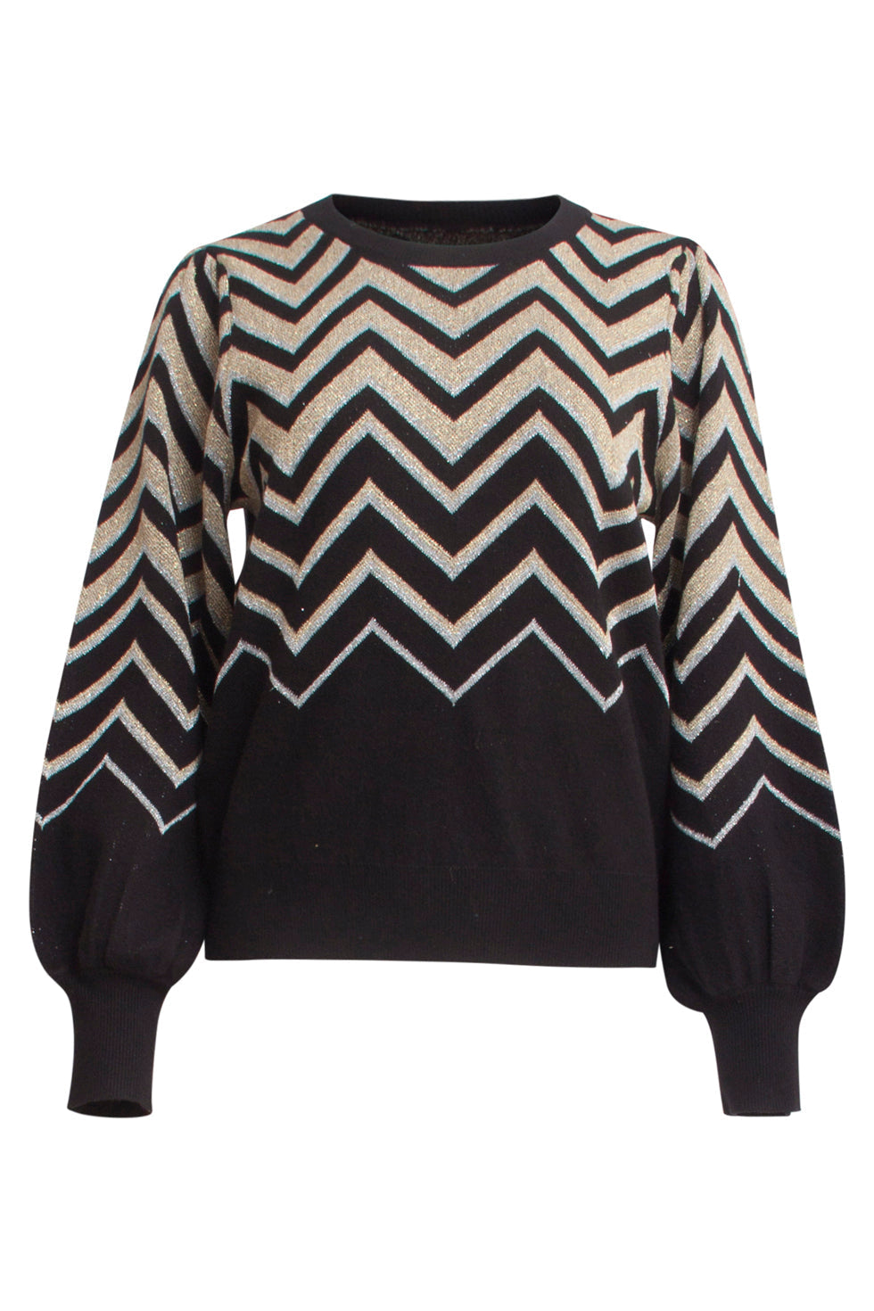 Camisa de mujer de corte amplio con estampado de zigzag y mangas largas abullonadas