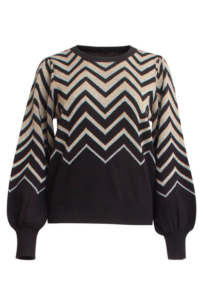 Camisa de mujer de corte amplio con estampado de zigzag y mangas largas abullonadas