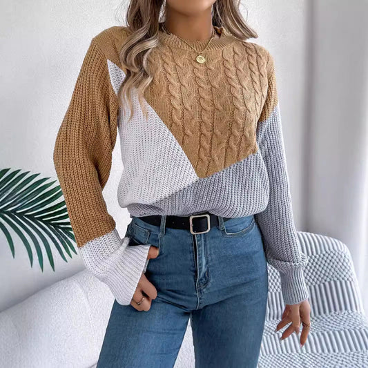 Women's Long Sleeve Sweater with Twist Knit and Contrast Details