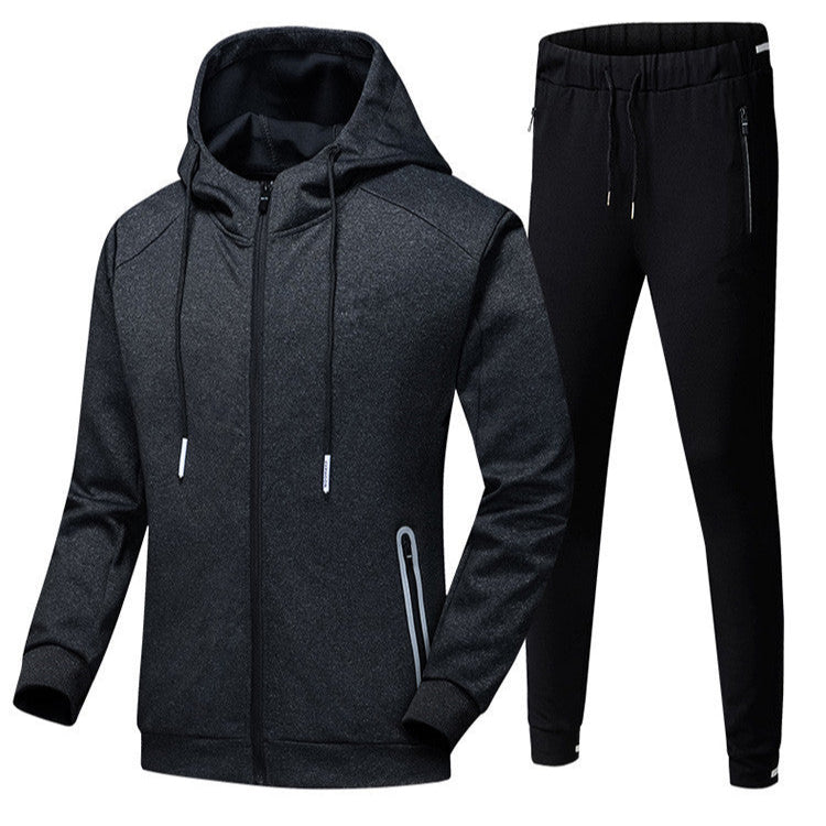 Tuta sportiva uomo invernale, felpa con cappuccio e pantaloni neri, tessuto caldo e confortevole, ideale per attività all'aperto e palestra.