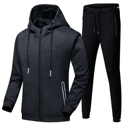 Tuta sportiva uomo invernale, felpa con cappuccio e pantaloni neri, tessuto caldo e confortevole, ideale per attività all'aperto e palestra.