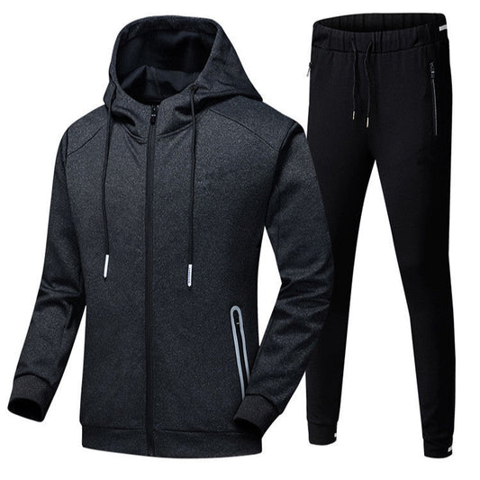 Tuta sportiva uomo invernale, felpa con cappuccio e pantaloni neri, tessuto caldo e confortevole, ideale per attività all'aperto e palestra.