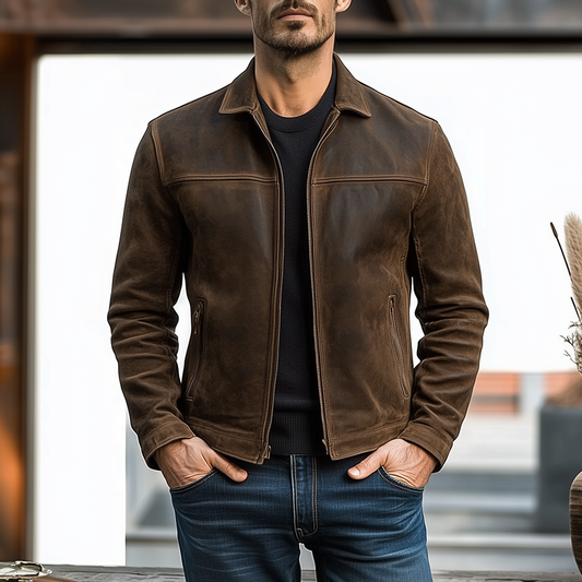 Uomo con giacca di pelle marrone, mani in tasca, sfondo urbano sfocato. Moda maschile autunnale, stile casual elegante.