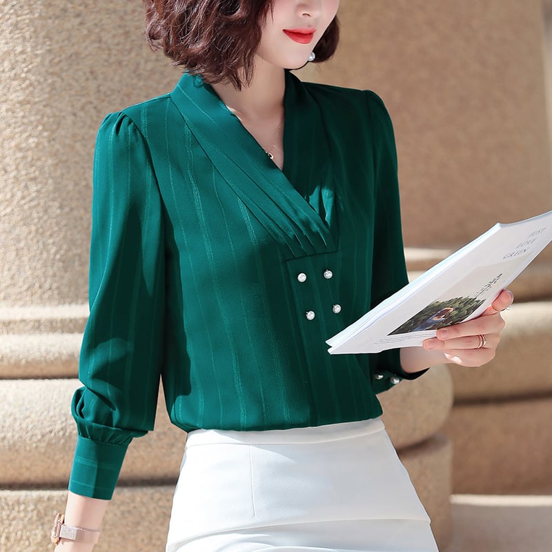 Bluse con Scollo a V in Chiffon Rigato con Fronte Doppiopetto | Ideale per Primavera e Autunno