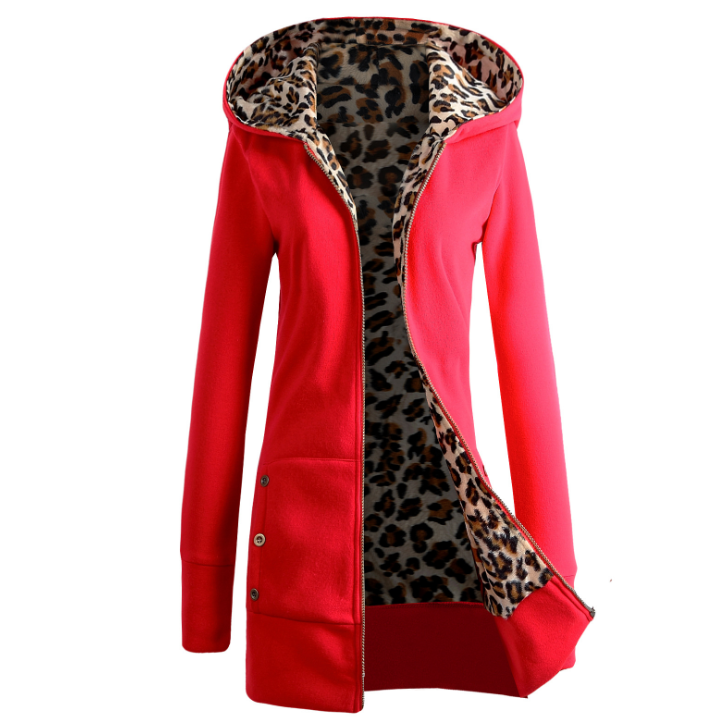 Chaqueta de invierno para mujer con capucha, estampado de leopardo y forro grueso