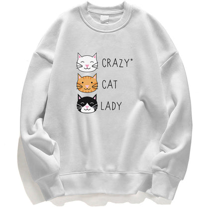 Felpa bianca con stampa "Crazy Cat Lady" e tre gatti stilizzati. Abbigliamento casual, moda gatto, regalo amante dei gatti.