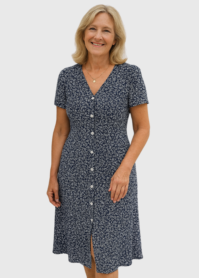 Donna sorridente in abito estivo blu a fiori, con bottoni e scollo a V. Moda femminile elegante, abbigliamento casual chic.