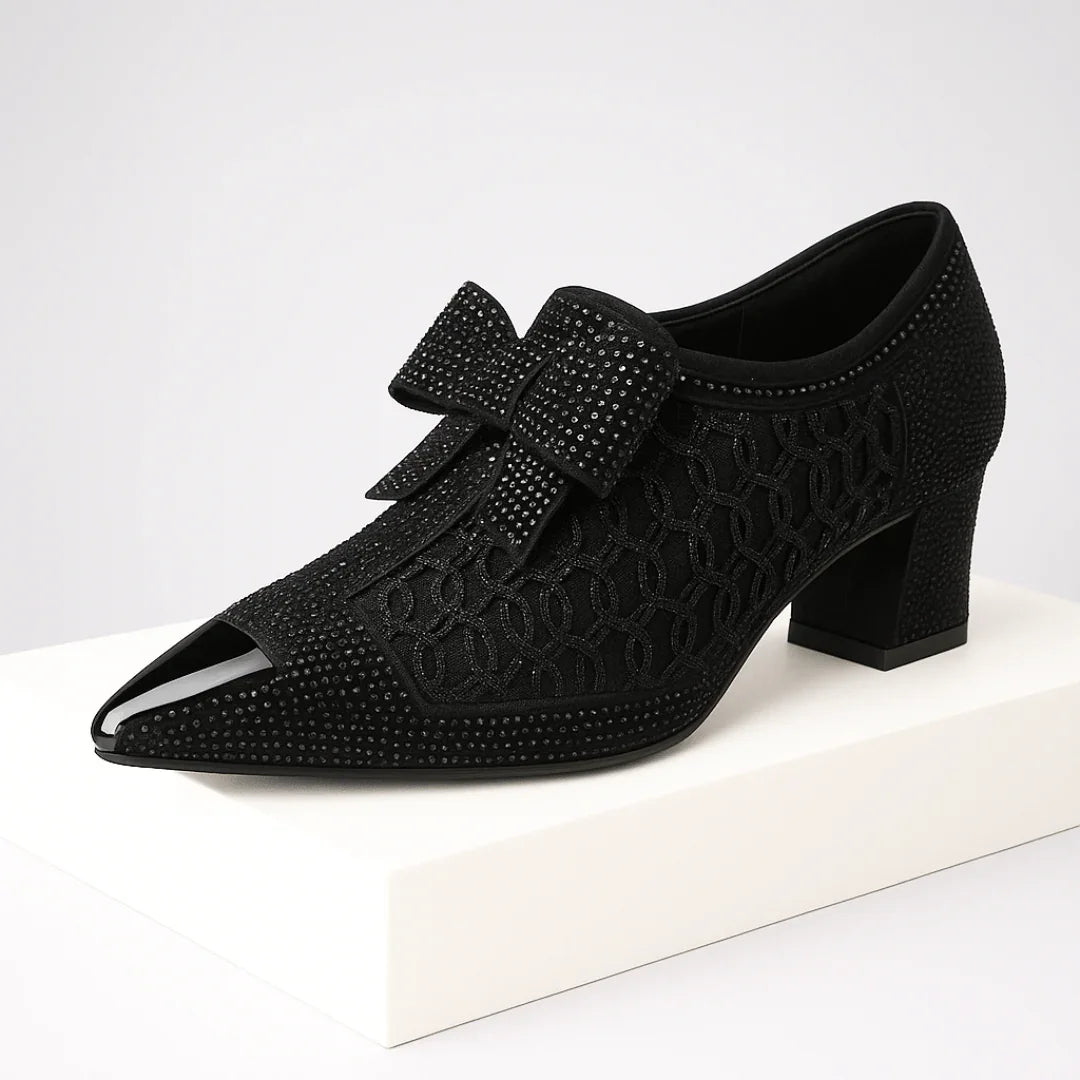 Décolleté Donna con Fiocco e Strass, Punta e Tacco a Blocco 6cm