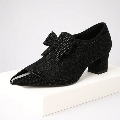 Décolleté Donna con Fiocco e Strass, Punta e Tacco a Blocco 6cm