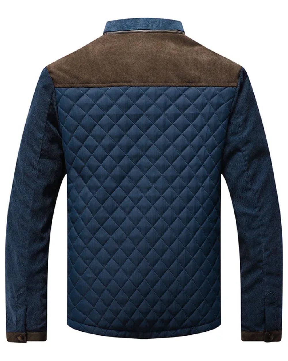 Giacca trapuntata blu da uomo con dettagli marroni, design elegante e moderno, ideale per l'autunno e l'inverno. Moda maschile, abbigliamento casual.