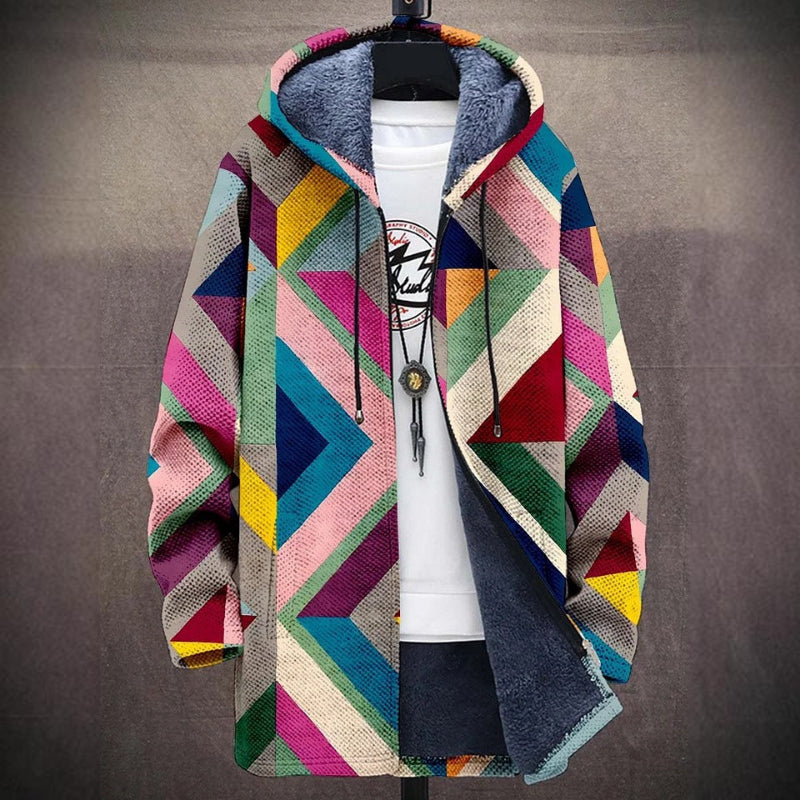 Giacca con cappuccio multicolore a motivi geometrici, tessuto invernale caldo, design moderno e vivace, ideale per moda casual e streetwear.