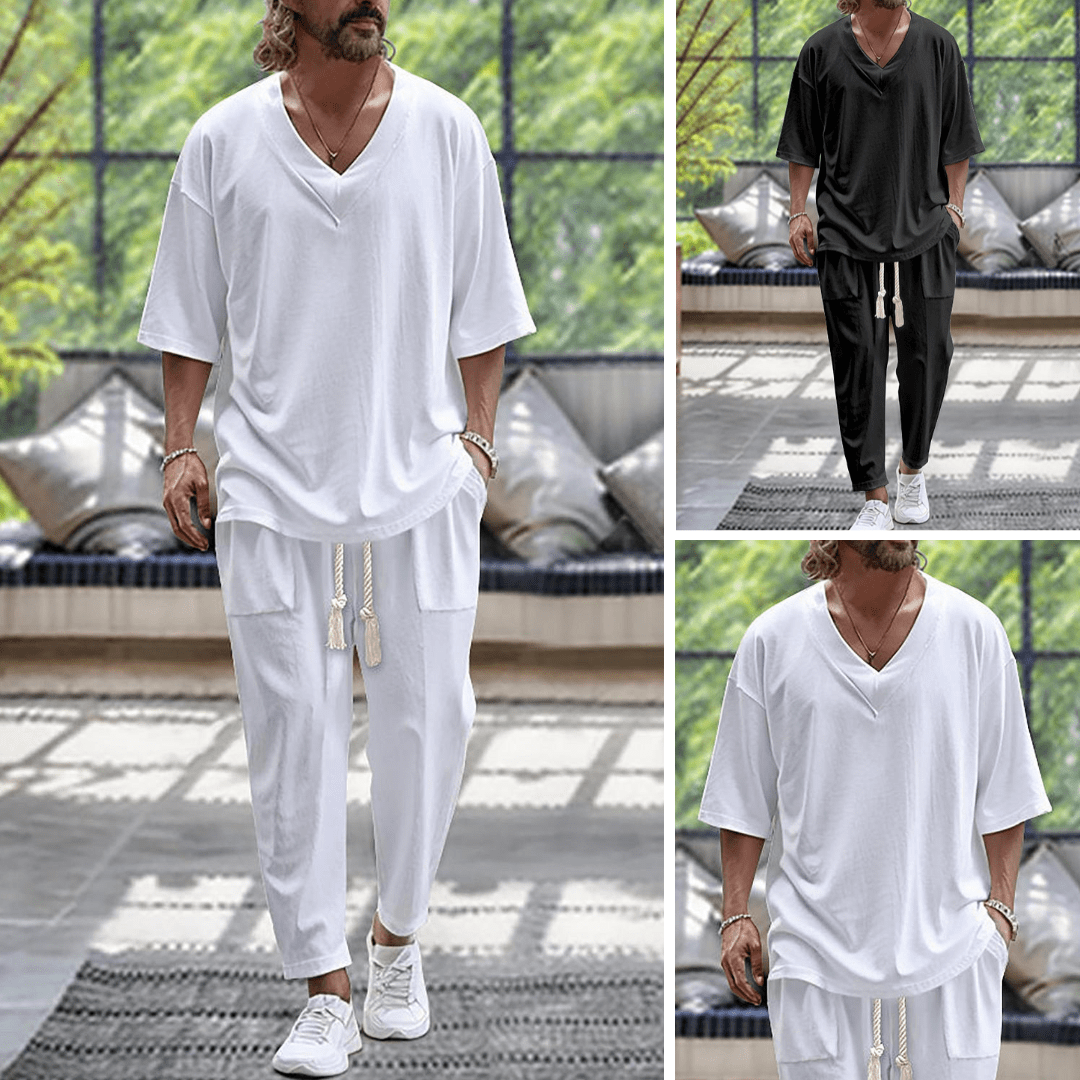 Abbigliamento uomo estivo: set coordinato maglietta e pantaloni in cotone, disponibile in bianco e nero. Stile casual, comodo e alla moda.