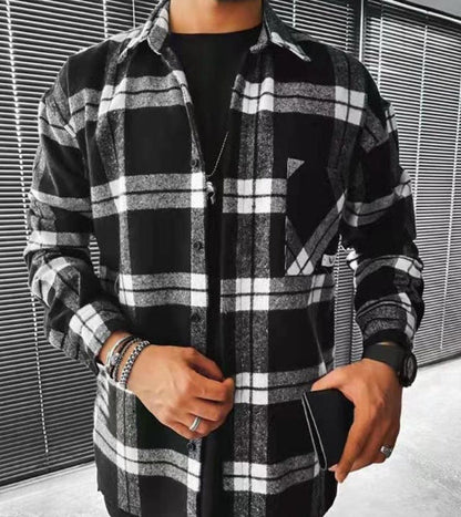 Camicia da Uomo a Maniche Lunghe con Motivo Scozzese e Colletto a Rever