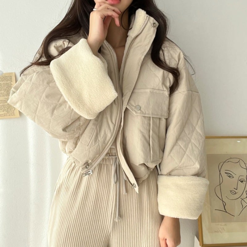 Chaqueta de invierno para mujer gruesa con cuello alto y costuras en terciopelo de cordero