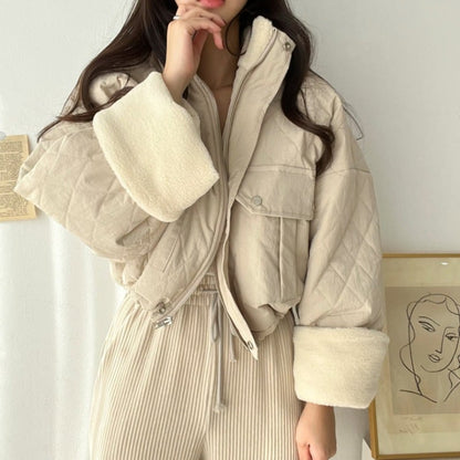 Chaqueta de invierno para mujer gruesa con cuello alto y costuras en terciopelo de cordero