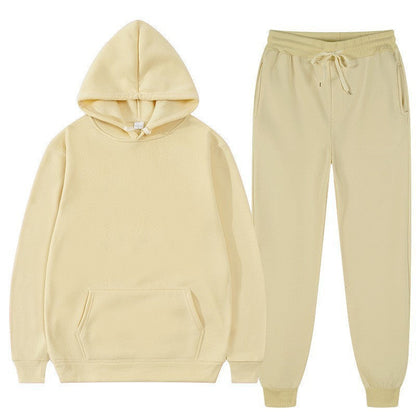 Tuta sportiva beige unisex, felpa con cappuccio e pantaloni con coulisse, abbigliamento casual comodo, moda streetwear, cotone morbido.