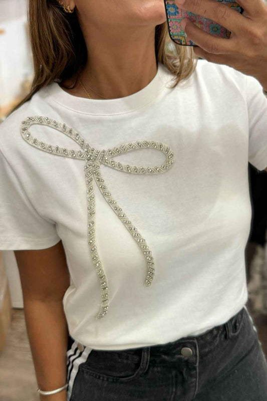 T-Shirt da Donna con Fiocco in Strass e Maniche Corte