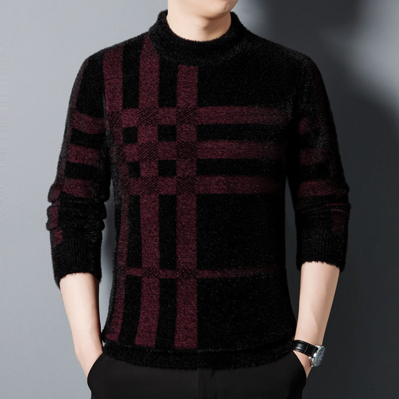 Maglione uomo nero con motivo a quadri bordeaux, collo alto, maniche lunghe, stile elegante e moderno, perfetto per moda autunno inverno.