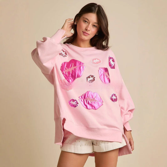 Bacio Pailletté Stampa Maglia a Maniche Lunghe | Ideale per Autunno e Inverno