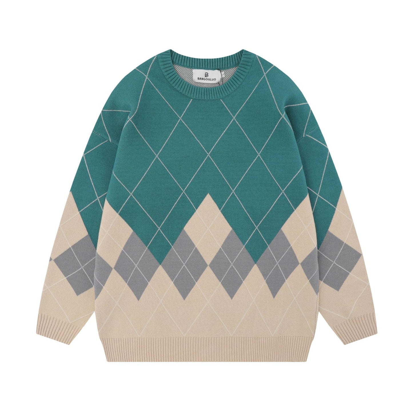 Maglione da Donna Pullover con Motivo a Rombi e Scollo Tondo