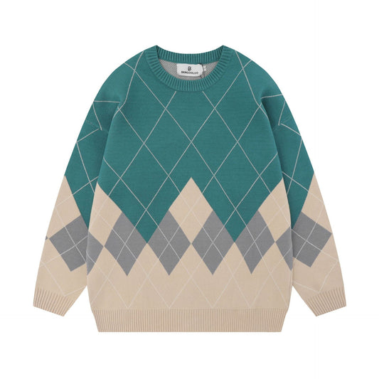 Maglione da Donna Pullover con Motivo a Rombi e Scollo Tondo