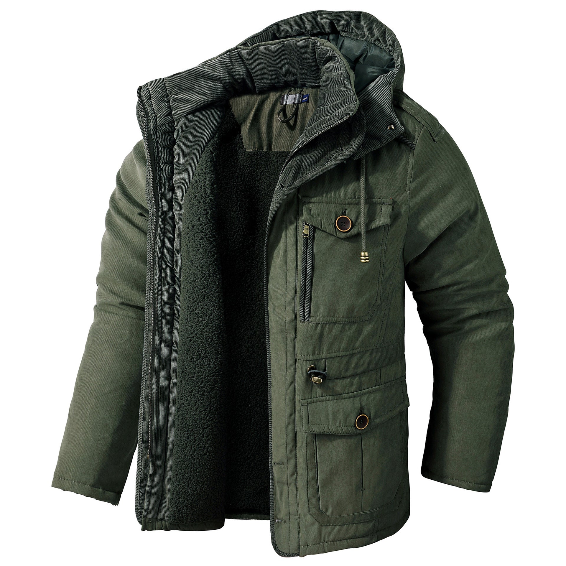 Giacca invernale verde con cappuccio, imbottitura interna in pile, tasche multiple e chiusura a zip. Ideale per climi freddi e attività all'aperto.