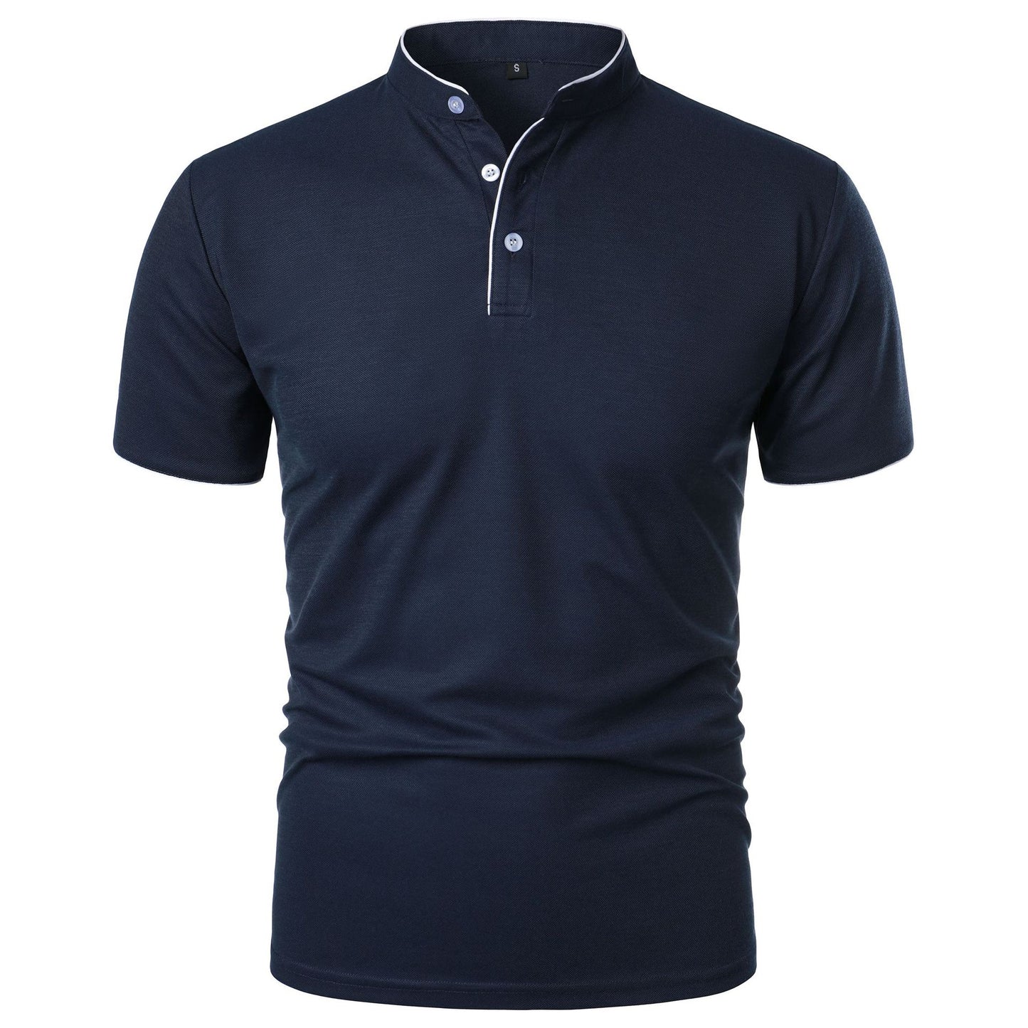 Maglietta polo blu scuro da uomo con colletto alla coreana e bottoni, design elegante e moderno, ideale per abbigliamento casual e formale.