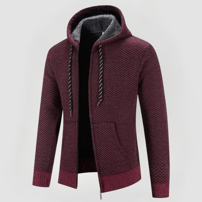 Felpa con cappuccio bordeaux, tessuto a trama, cerniera frontale, tasche laterali, ideale per moda uomo autunno inverno, abbigliamento casual.