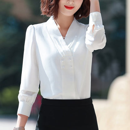 Bluse con Scollo a V in Chiffon Rigato con Fronte Doppiopetto | Ideale per Primavera e Autunno
