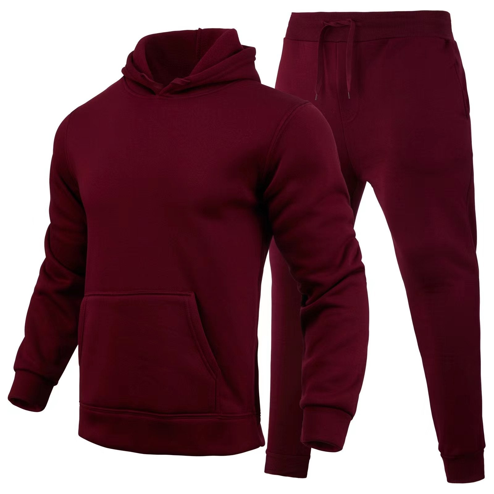 Tuta sportiva bordeaux in cotone, composta da felpa con cappuccio e pantaloni con tasche. Abbigliamento casual uomo, moda autunno inverno.
