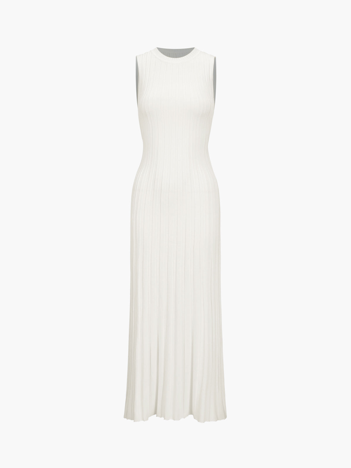 Abito lungo bianco senza maniche, tessuto a coste, elegante e minimalista. Perfetto per eventi estivi e cerimonie. Moda donna, abbigliamento estivo.