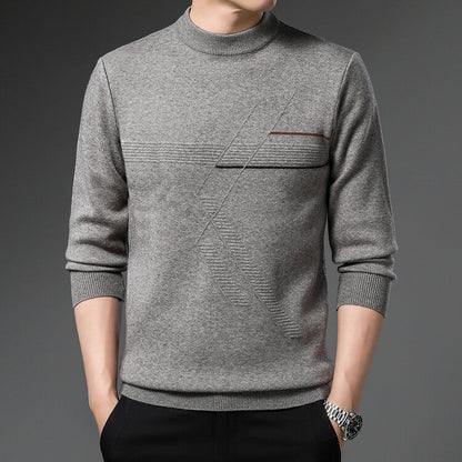 Maglione grigio uomo, design moderno con dettagli geometrici, collo alto, maniche lunghe. Moda maschile elegante, abbigliamento autunnale.
