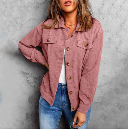 Giacca Camicia Donna in Velluto a Coste con Chiusura Monopetto a Bottoni e Maniche Lunghe