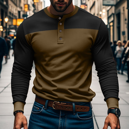 Maglia Henley da Uomo a Maniche Lunghe con Design a Blocchi di Colore
