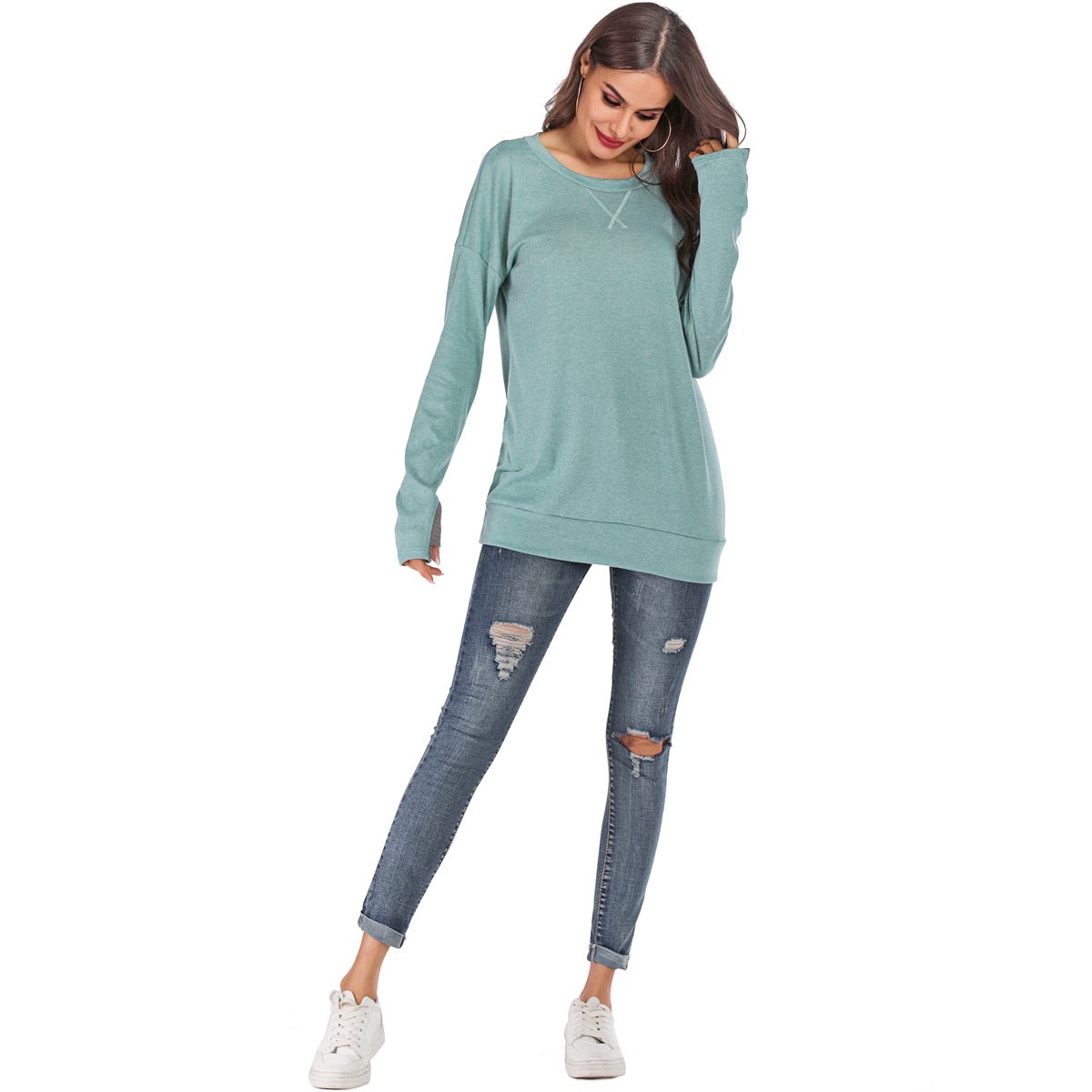 Maglione Pullover Donna a Maniche Lunghe con Scollo Rotondo, Vestibilità Ampia e Colore Tinta Unita
