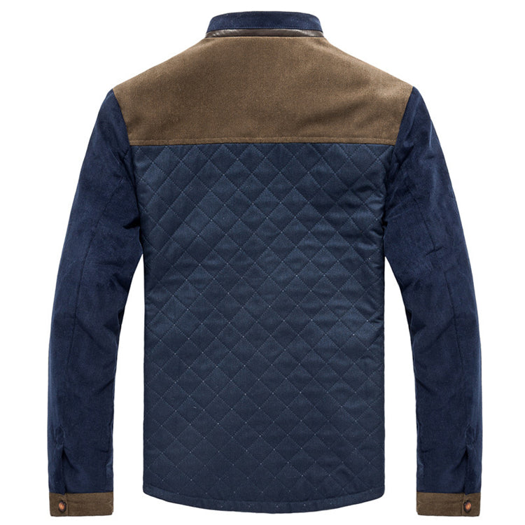 Giacca trapuntata uomo blu e marrone, maniche lunghe, design elegante, moda autunno inverno, abbigliamento casual, tessuto resistente.