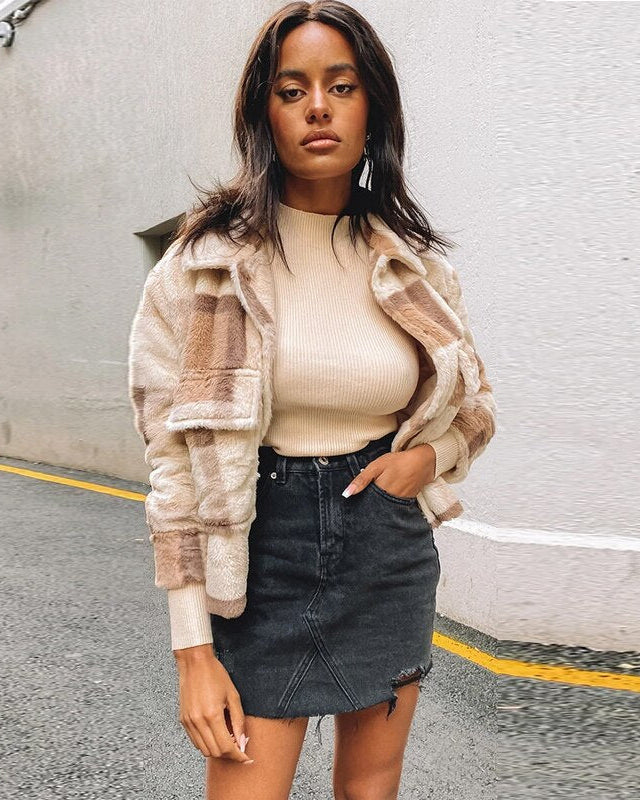 Chaqueta de invierno para mujer de terciopelo a cuadros con cuello alto y mangas largas