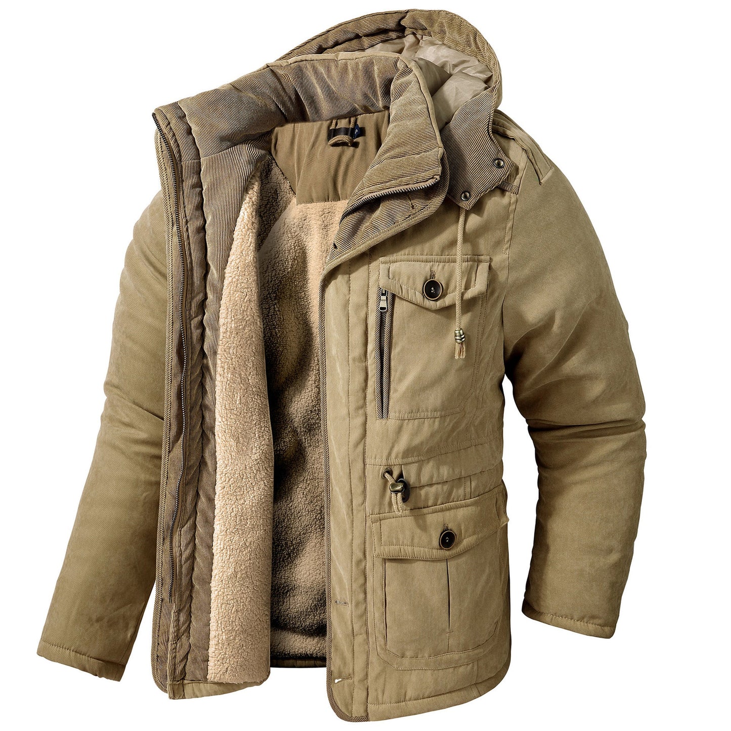 Giacca invernale da uomo beige con cappuccio, imbottitura in pelliccia sintetica, tasche multiple e chiusura a zip. Ideale per climi freddi.