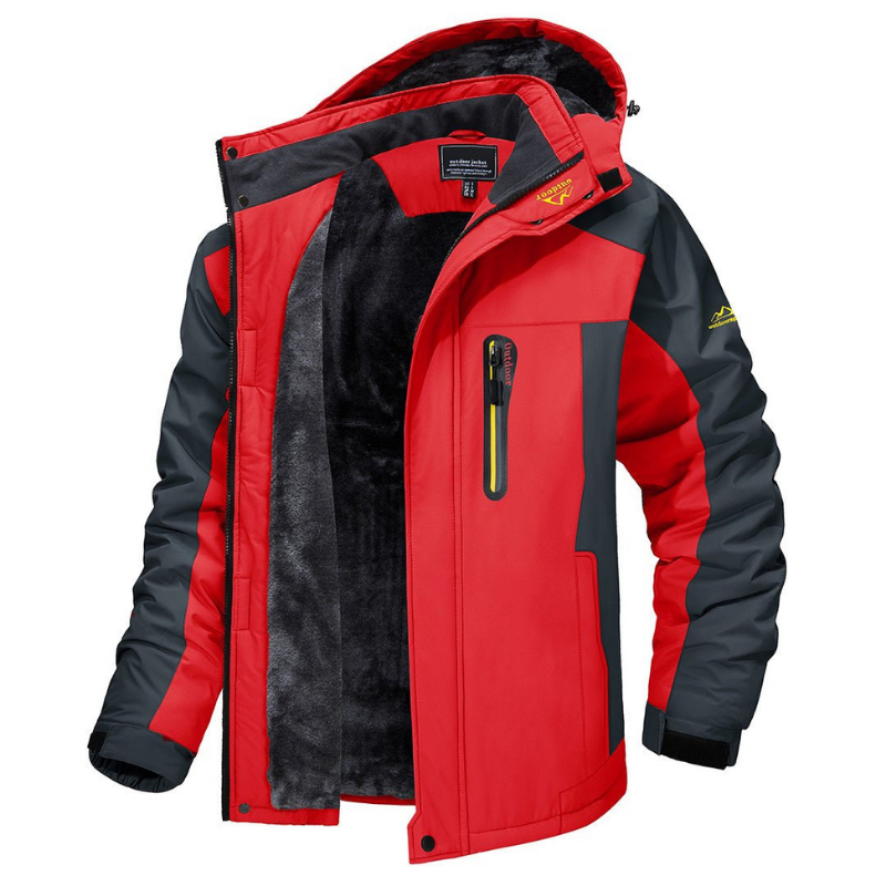 Giacca invernale da uomo rossa e nera, impermeabile, con cappuccio e fodera in pile, ideale per escursioni e sport all'aperto.