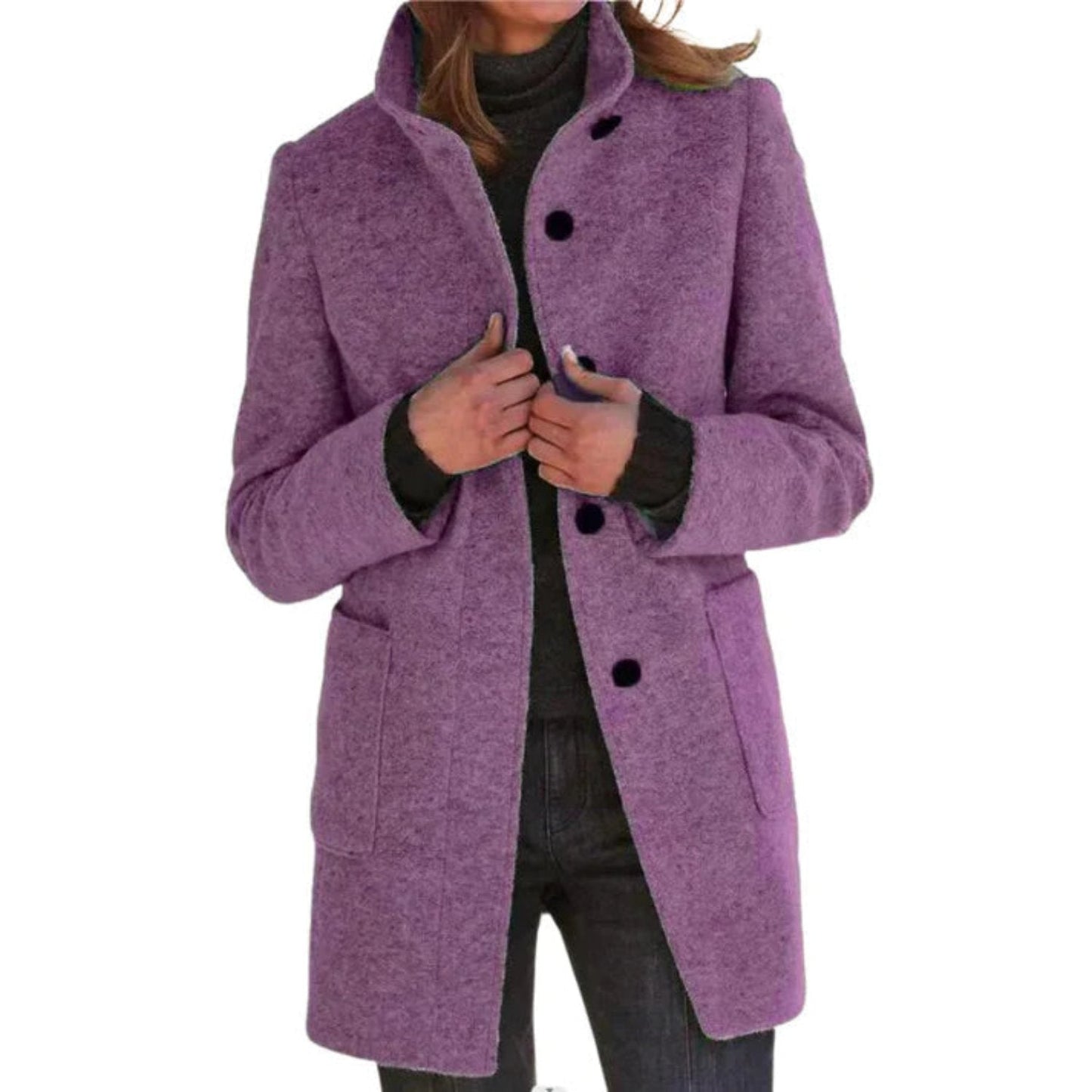 Cappotto donna invernale viola, elegante e caldo, con bottoni neri e tasche frontali. Ideale per moda autunnale e invernale.