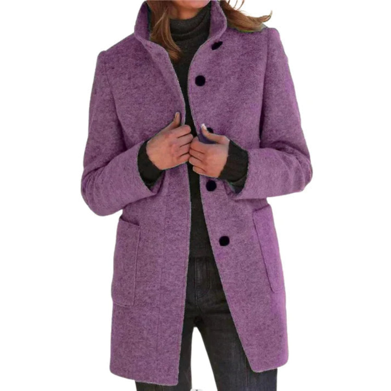Cappotto donna invernale viola, elegante e caldo, con bottoni neri e tasche frontali. Ideale per moda autunnale e invernale.